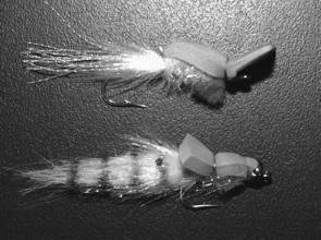 Two Lee Haskins flies, the Gurgler (top) and Neutralizer (bottom). 